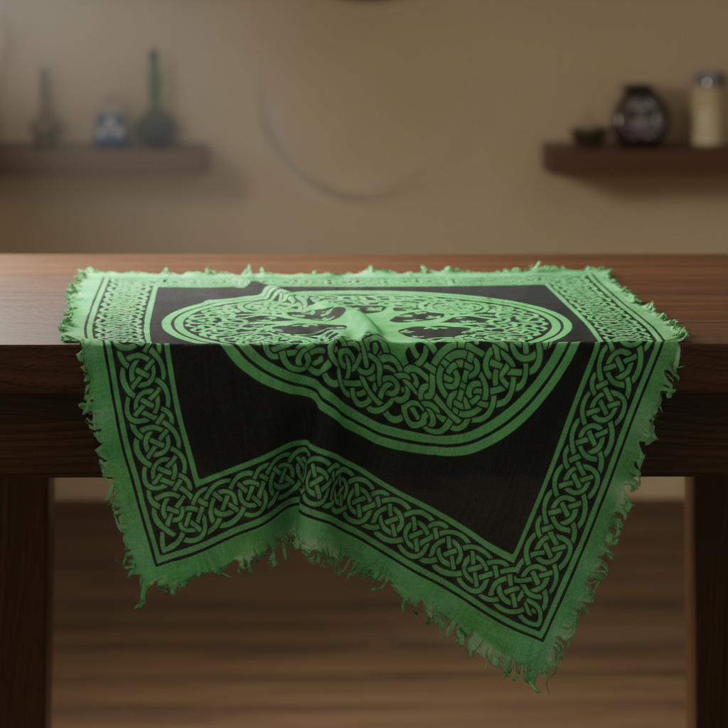 Create a high-resolution, cinematic studio shot of an 18'x18' Tree of Life altar cloth, spread out gracefully on a luxurious altar table. The scene is illuminated by softbox lighting that highlights the intricate Celtic knot design of the large central Tre