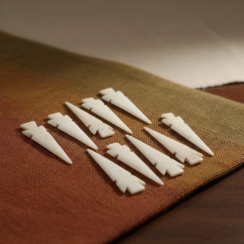 Create a high-resolution studio shot of a set of 10 sacred arrowhead bones, each measuring 3 inches, arranged in a natural, slightly scattered formation on a textured, earthy-toned fabric surface to evoke grounding and ancient earth energy. Use softbox lig