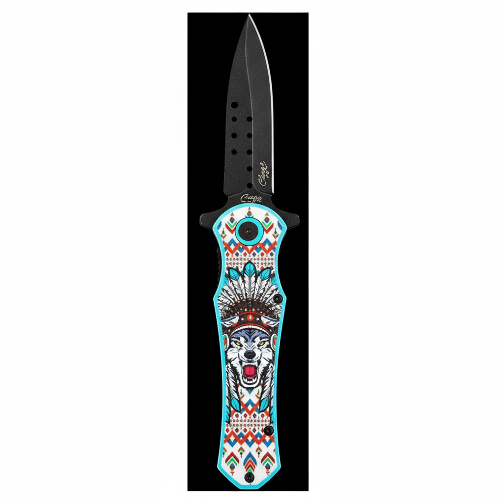 Capture a high-resolution studio shot of the 'Switchblade Wolf Athame, 4 3/4''', displayed vertically against a sleek, matte black background. Use softbox lighting to create gentle, diffuse light that highlights the intricate wolf motif etched into the bla