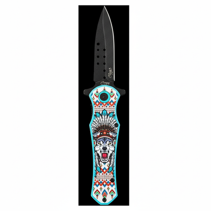 Capture a high-resolution studio shot of the 'Switchblade Wolf Athame, 4 3/4''', displayed vertically against a sleek, matte black background. Use softbox lighting to create gentle, diffuse light that highlights the intricate wolf motif etched into the bla