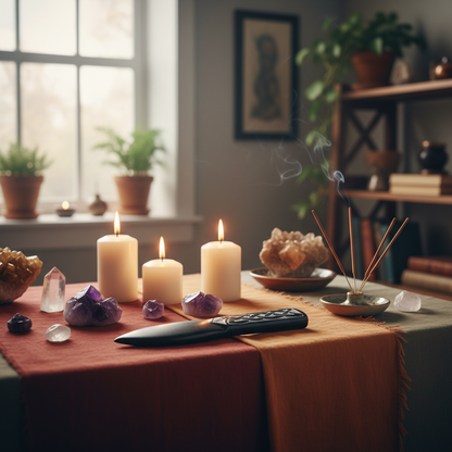 Illustrate a professional lifestyle scene of a ritual space arranged in a softly lit room with ambient daylight diffuse through a window. The 8-inch Black Celtic Soapstone Athame is displayed prominently on an altar draped with rich, earth-toned fabrics, s