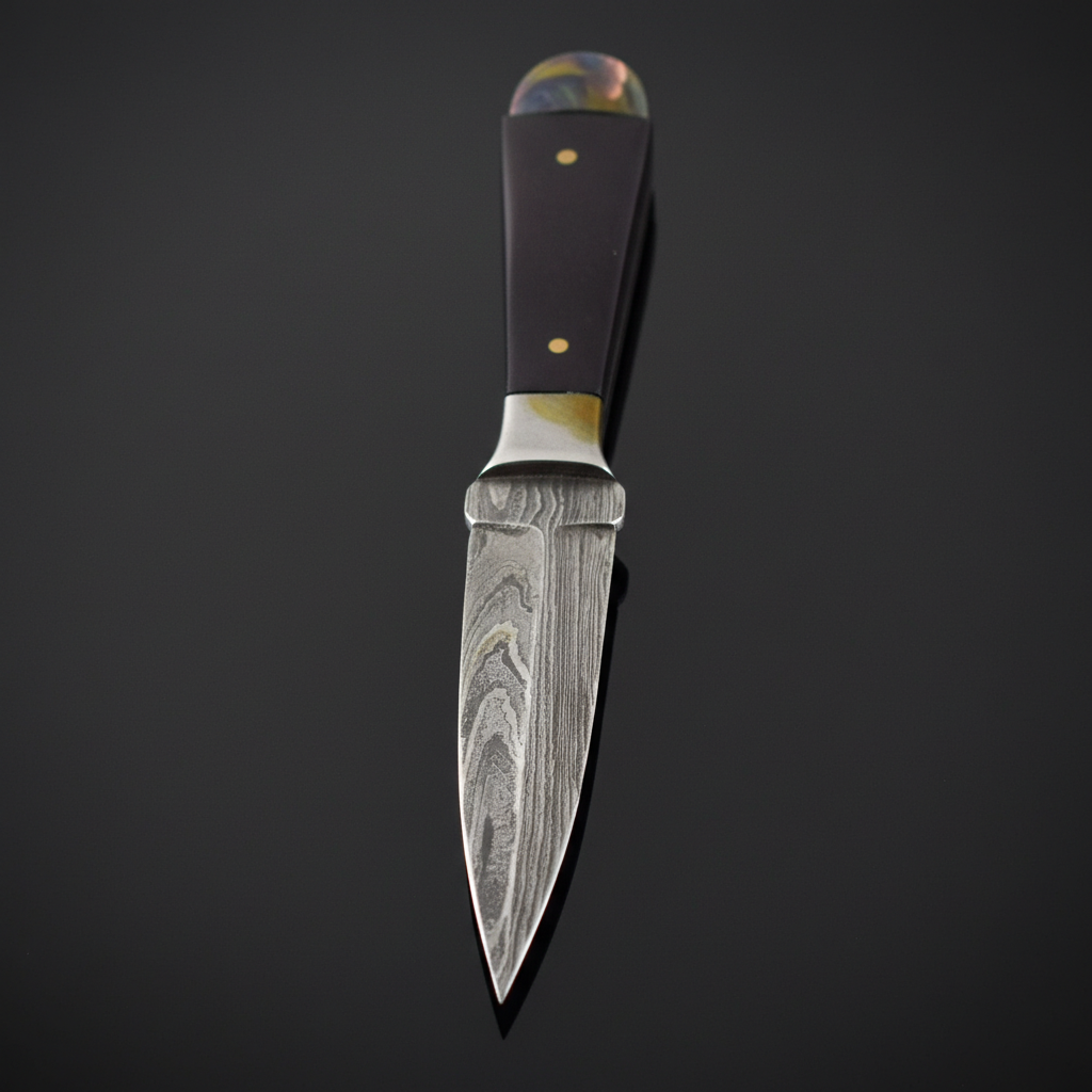 Capture a close-up, high-resolution image of the Bosom Damascus Athame, 6 1/2', displayed on a reflective black surface under soft HDR studio lighting, highlighting the intricate Damascus steel pattern with emphasis on its textured, layered blade. Use a ma
