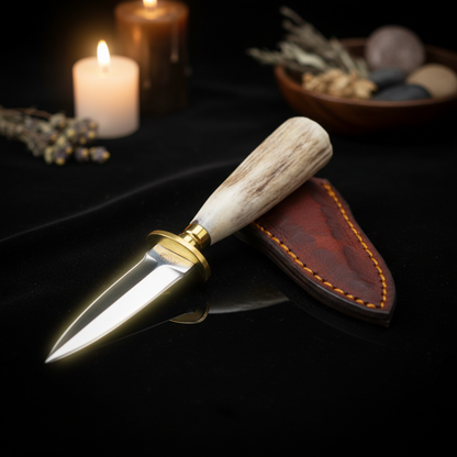 Capture a highly detailed studio shot of the Stag Athame, 5 1/4 Inches, illuminated with soft HDR studio lighting that emphasizes the intricate craftsmanship and textured surface of the ritual tool. The athame is centered on a reflective black velvet backd