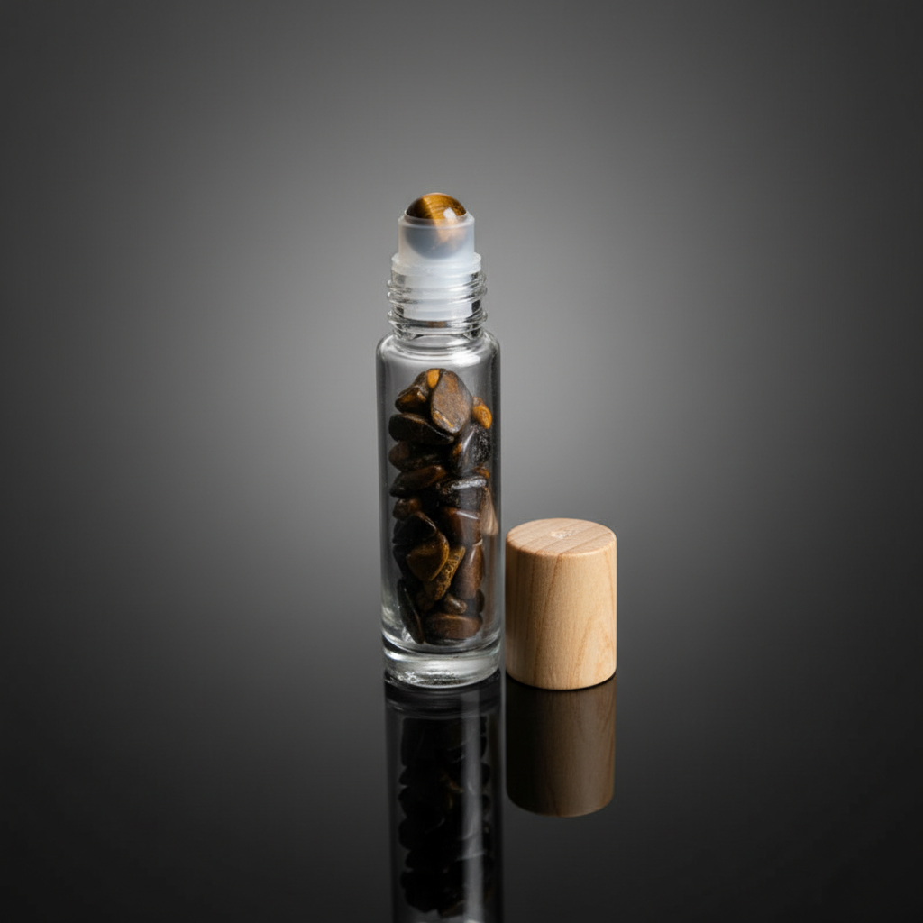 Capture a close-up, studio shot of a 10ml Tiger's Eye roller bottle, emphasizing the smooth, polished gemstone rolling ball on top, set against a sleek, reflective black surface. Use HDR studio lighting with a softbox to highlight the warm, rich hues of th