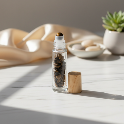 Create a sophisticated lifestyle scene featuring the Tiger's Eye roller bottle placed elegantly on a minimalist marble vanity, with soft, diffused daylight streaming from the side to showcase the warm amber tones of the crystal and the transparency of the 