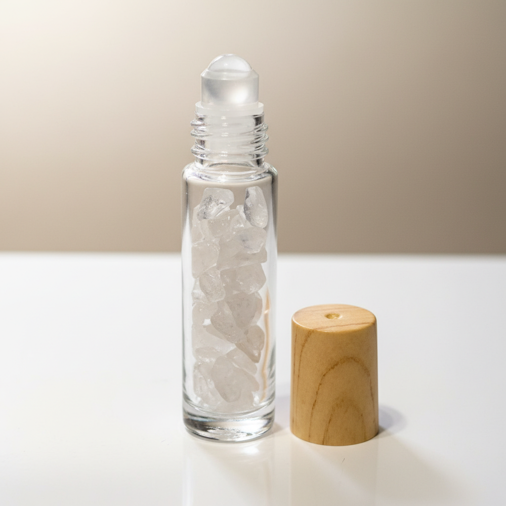 Create a highly detailed image of a 10ml quartz roller bottle, set against a luxurious, softly lit studio background. The bottle is crafted from crystal-clear, high-quality glass, showcasing the shimmering clarity of the quartz crystal inside. The scene is