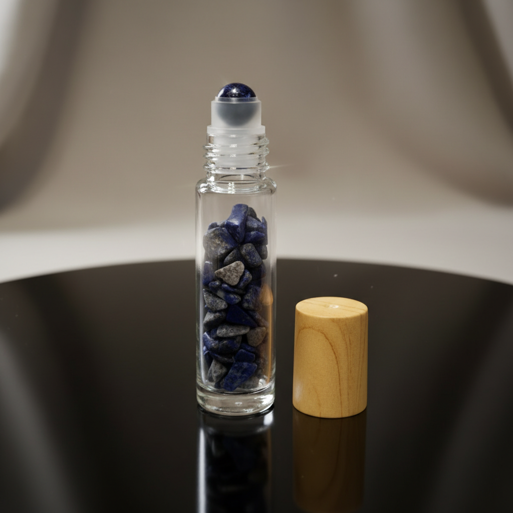 Create a highly detailed, cinematic studio shot of a 10ml Lapis Lazuli crystal roller bottle placed on a sleek, matte black reflective surface, illuminated by softbox lighting for a smooth, even glow that highlights the deep blue and gold flecks of the cry