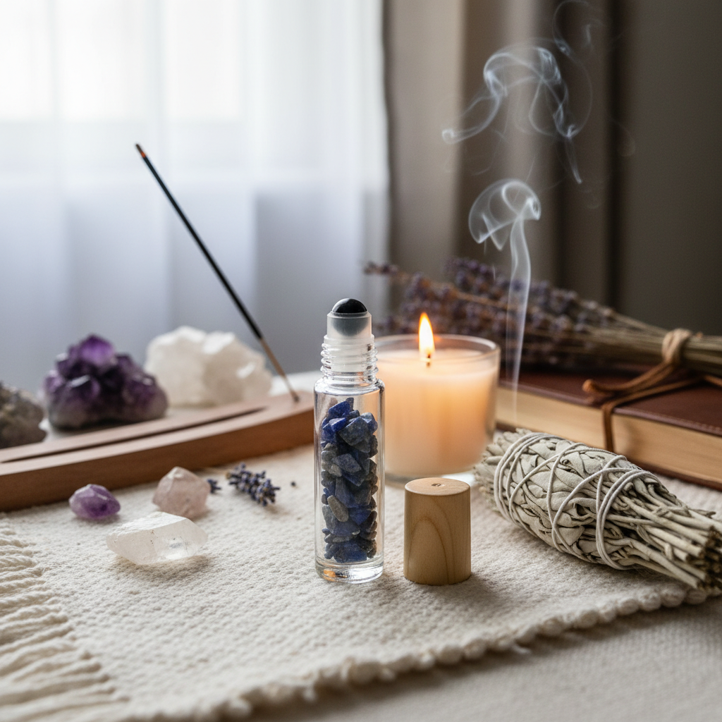 Design a vibrant, lifestyle scene featuring the 10ml Lapis Lazuli crystal roller bottle placed delicately in an elegant, natural meditation space. Surrounded by plush, calming textiles, burning sage, and a flickering candle, the setting exudes tranquility 