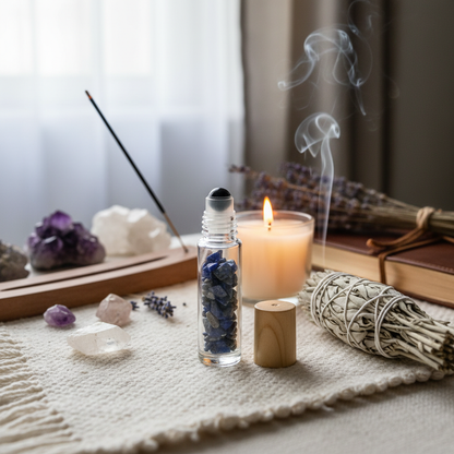 Design a vibrant, lifestyle scene featuring the 10ml Lapis Lazuli crystal roller bottle placed delicately in an elegant, natural meditation space. Surrounded by plush, calming textiles, burning sage, and a flickering candle, the setting exudes tranquility 