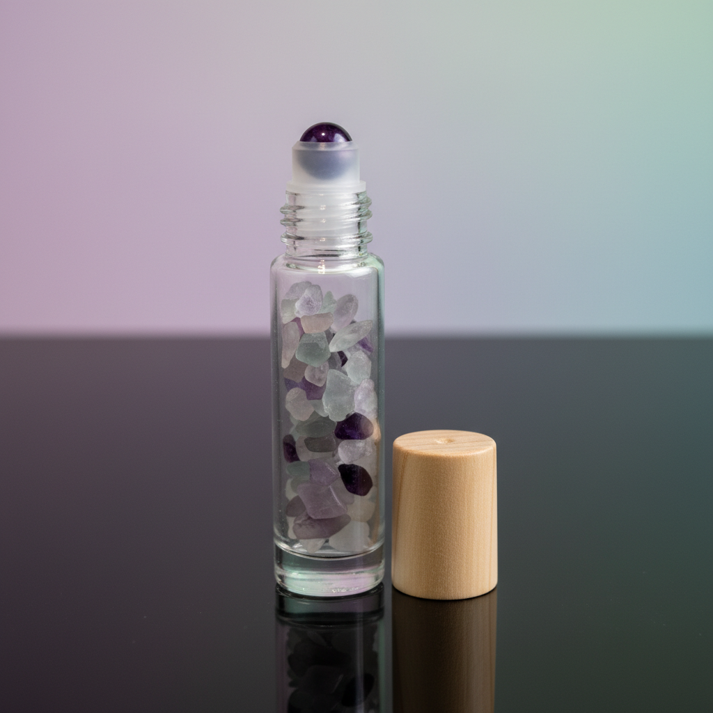 Capture a close-up, studio shot of a 10ml fluorite crystal roller bottle placed on a sleek, reflective black surface, illuminated by softbox lighting to highlight its transparency and the shimmering quality of the fluorite stone inside. The camera, set at 