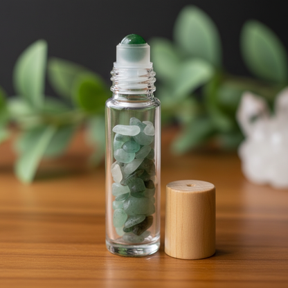 Capture a close-up, macro shot of the Green Aventurine Roller Bottle, situated on a sleek, polished wooden surface in a softly lit professional studio environment. Use softbox lighting from the top left to highlight the smooth, translucent green of the ave