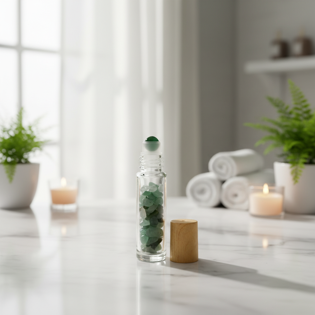 Depict the Green Aventurine Roller Bottle in a calming, meditative spa setting, resting on a smooth white marble counter illuminated by diffused daylight from large studio windows. Use HDR studio lighting to produce even, soft illumination that accentuates
