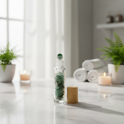 Depict the Green Aventurine Roller Bottle in a calming, meditative spa setting, resting on a smooth white marble counter illuminated by diffused daylight from large studio windows. Use HDR studio lighting to produce even, soft illumination that accentuates