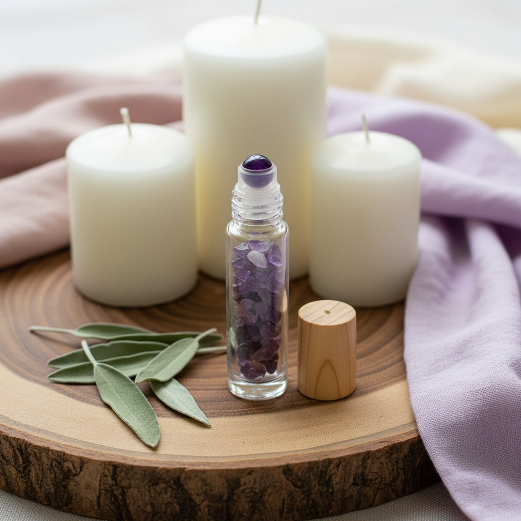 Artistic lifestyle setting showcasing the Amethyst Crystal Roller Bottle, 10ml, placed on a natural wooden surface amidst calming elements like sage leaves, white candles, and soft pastel linens. The shot is taken with a professional ring light to produce 
