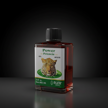 Create a high-resolution, studio-style image of the Power Oil 4 dram, prominently featuring the product bottle in a sleek, monochrome setting illuminated by softbox lighting that highlights its smooth, glass surface and detailed label depicting a fierce le