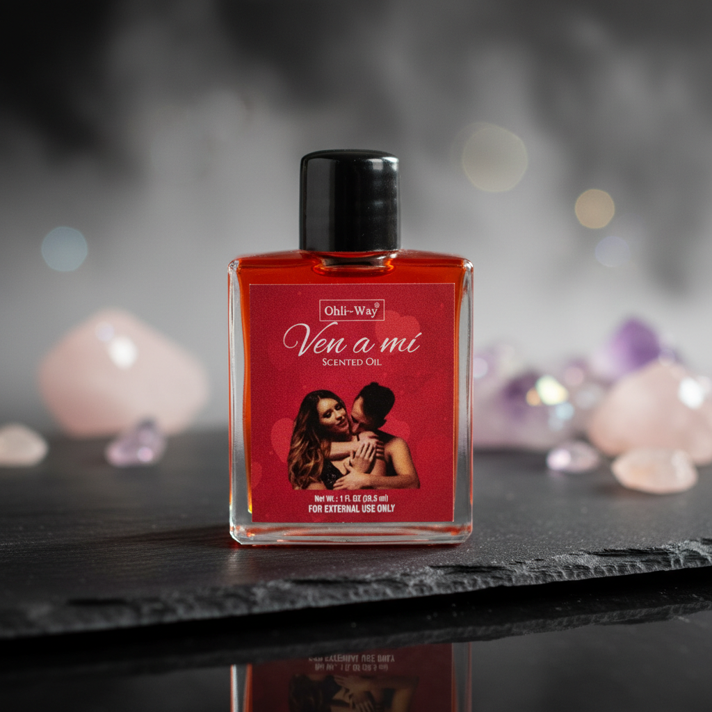 Capture a luxurious close-up shot of the 'Ven A Mi Come to Me Oil, 1oz' bottle, elegantly displayed on a reflective black slate surface under softbox lighting that enhances the rich, deep textures of the spiritual oil. The scene features a blurred backgrou
