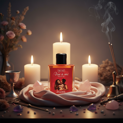 Set in an enchanting, softly lit ritual space, this wide-angle shot showcases a 1oz 'Ven A Mi Come to Me Oil' bottle prominently positioned among mystical elements—candles, altar tools, and a flowing silk cloth. The scene employs HDR studio lighting to pro