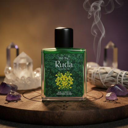 Create a highly detailed, cinematic studio shot of the Ruda Rue Fragrance Oil in a 1oz glass bottle, positioned at the center of a softly illuminated, textured wooden ritual altar. Use HDR studio lighting to emphasize the clarity of the glass, highlighting