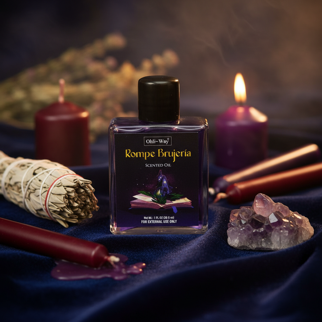 Capture a high-resolution image of the 'Rompe Brujeria Oil' 1 oz bottle set on a mystical, dark velvet cloth backdrop, illuminated with softbox studio lighting that highlights the smooth glass and intricate labeling. The composition features a close-up sho