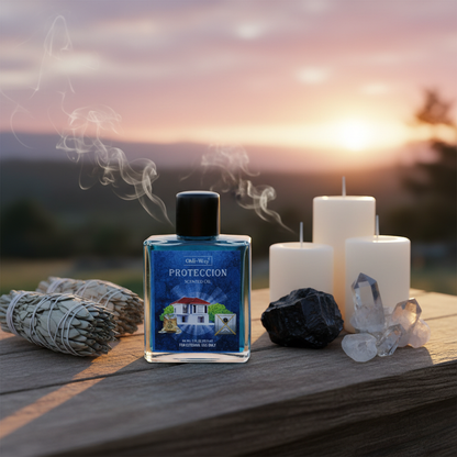 Depict the Proteccion Protection Oil in a serene, ritual-themed scene set outdoors at dawn. Place the 1 oz glass bottle on a rustic wooden altar, surrounded by natural elements like sage bundles, white candles, and crystals. Use HDR studio lighting with di