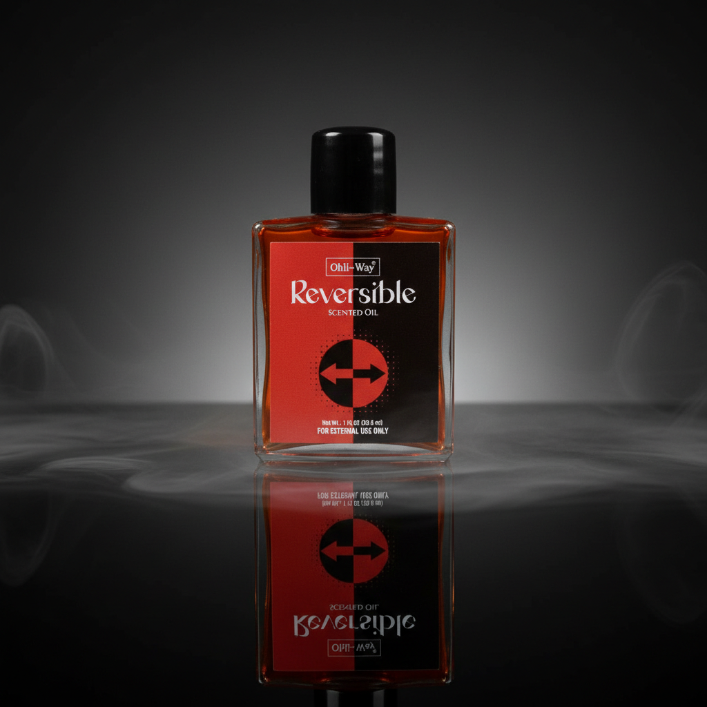 A highly detailed, cinematic studio shot of a small, elegant glass bottle labeled 'Reversible Protection Oil, 1oz,' placed on a reflective black surface that subtly enhances its clarity and depth. The scene is illuminated by softbox lighting from above, cr