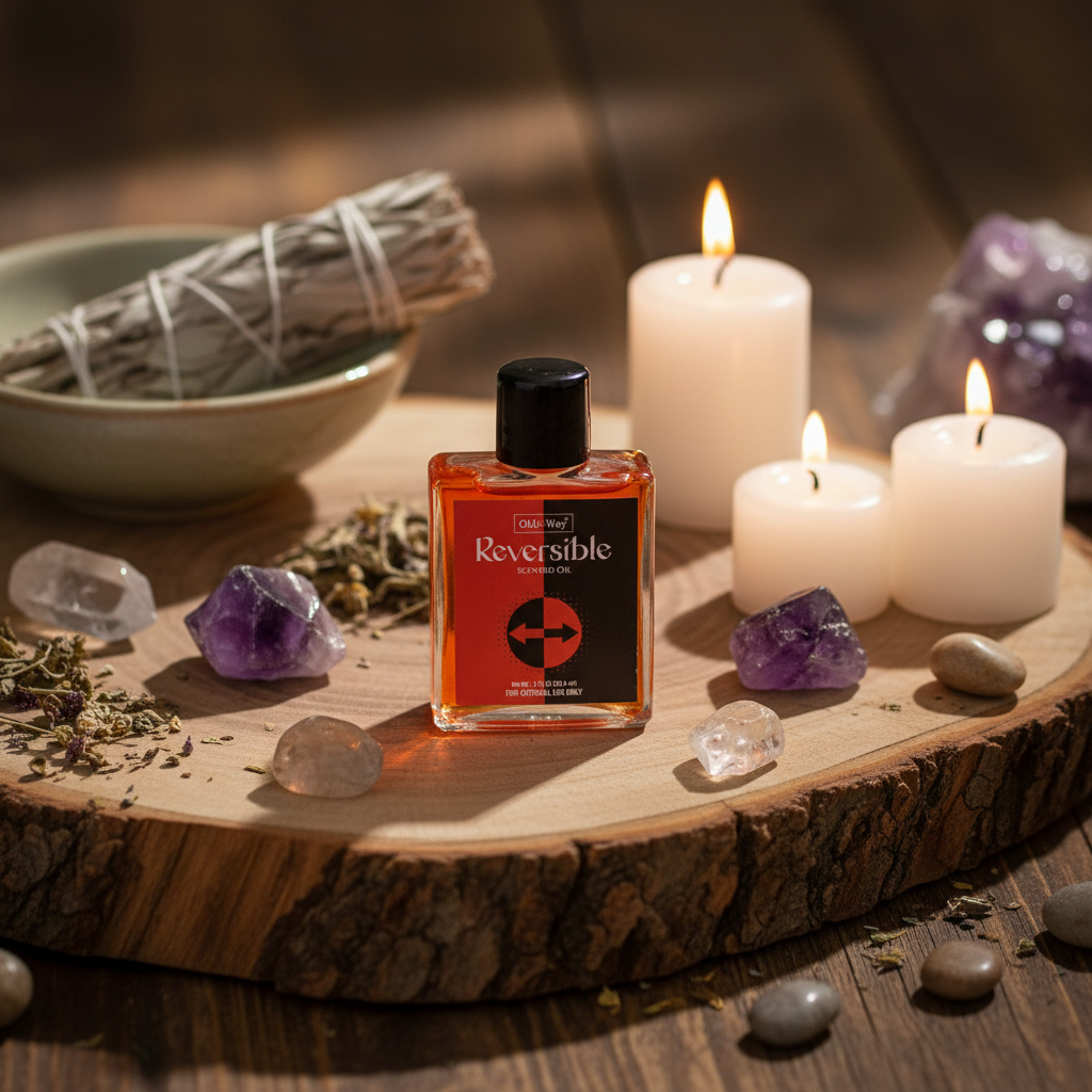 A visually rich, immersive lifestyle scene depicting a ritual setting with the 'Reversible Protection Oil, 1oz' prominently displayed on a natural wooden altar adorned with crystals, sage, and candles softly glowing in the background. The lighting mimics d