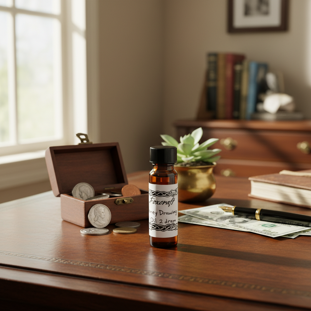 A cinematic lifestyle scene set in a sophisticated home office or studio environment, featuring the 'Money Drawing Oil 2 dram' displayed on a classic wooden desk with warm, natural daylight pouring in from a large window. The bottle is shown at a slight an
