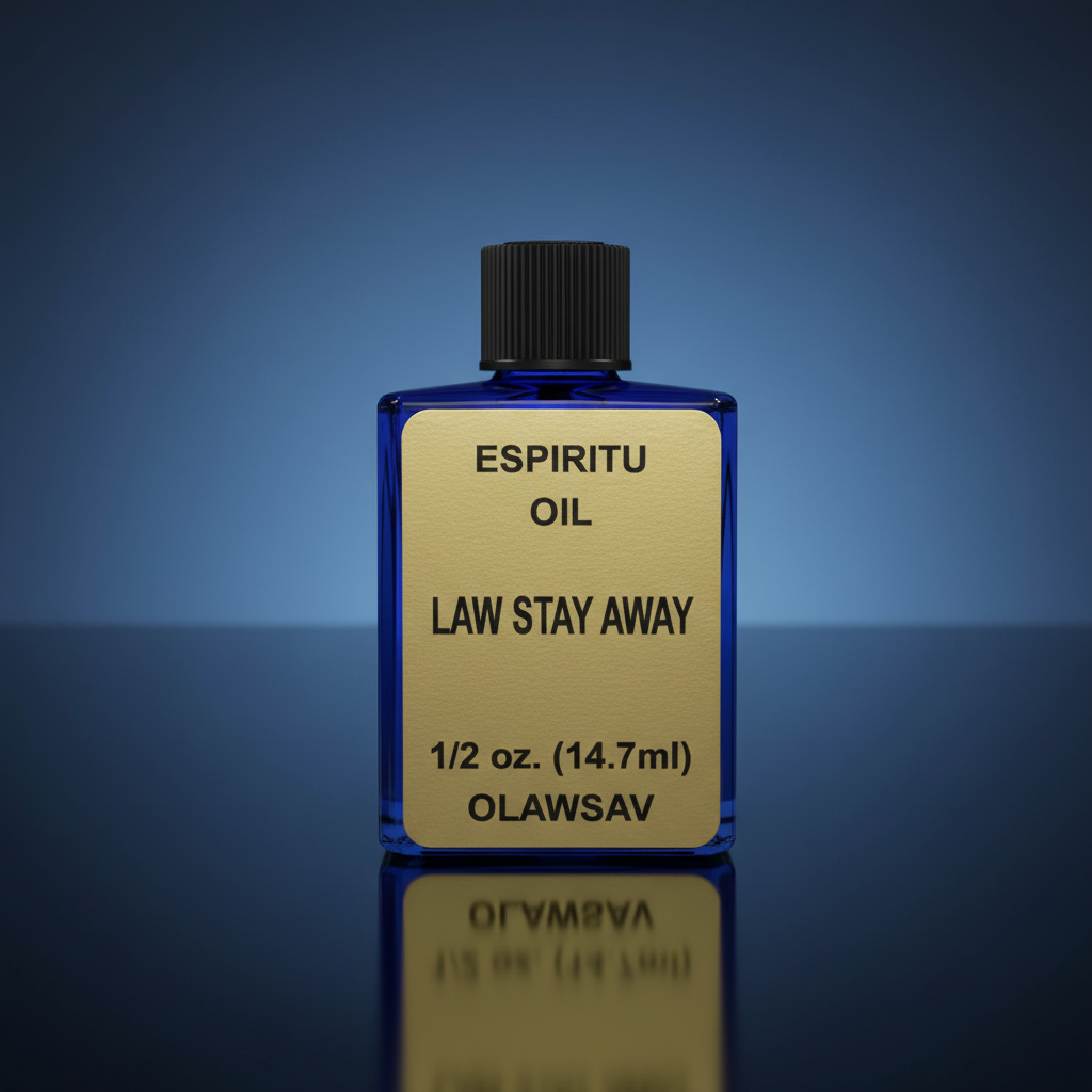 A close-up, hyper-realistic studio shot of the 'Law Stay Away Oil' 4 dram bottle, placed on a sleek, reflective black surface. The scene is illuminated by softbox lighting that emphasizes the smooth glass material and the rich liquid inside. The background