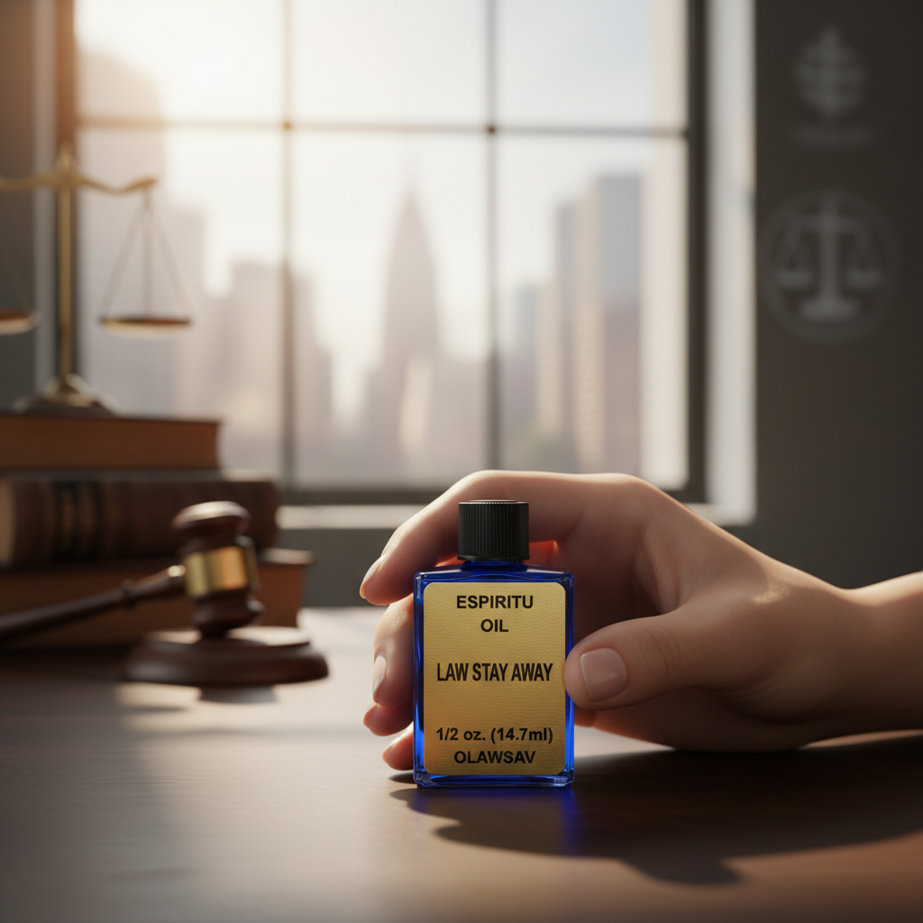 A professional lifestyle composition showcasing the 'Law Stay Away Oil' bottle in a minimalist, sophisticated setting. The scene features natural light streaming through a large window, creating a warm, inviting ambiance, ideal for online retail appeal. Th