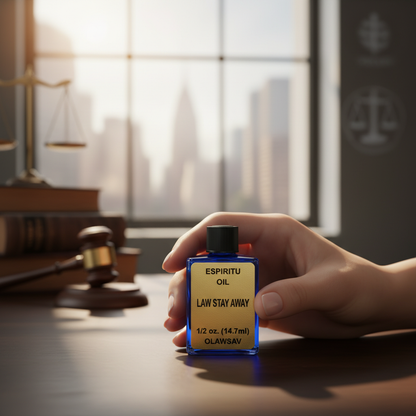 A professional lifestyle composition showcasing the 'Law Stay Away Oil' bottle in a minimalist, sophisticated setting. The scene features natural light streaming through a large window, creating a warm, inviting ambiance, ideal for online retail appeal. Th
