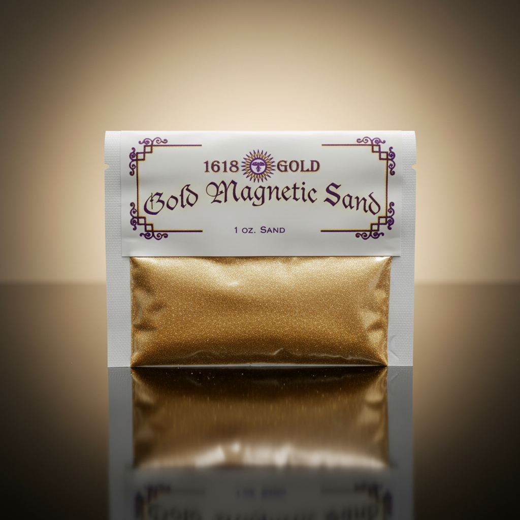 Capture a highly detailed, photorealistic studio scene featuring a 1oz container of Gold Magnetic Sand delicately placed on a reflective black surface, illuminated by softbox lighting that creates a luminous glow around the sandy texture. Use a macro lens 