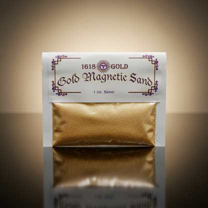 Capture a highly detailed, photorealistic studio scene featuring a 1oz container of Gold Magnetic Sand delicately placed on a reflective black surface, illuminated by softbox lighting that creates a luminous glow around the sandy texture. Use a macro lens 