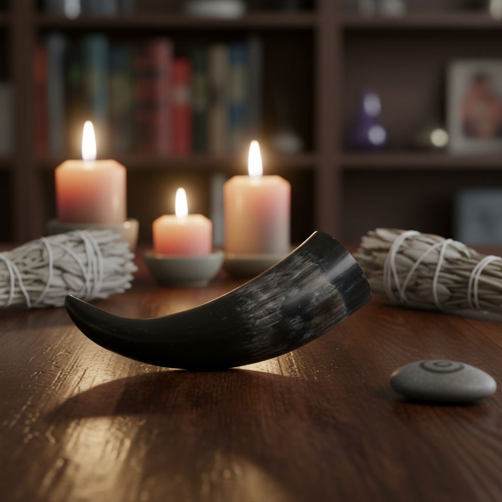Depict a photorealistic scene of a polished cattle horn end in a den or ritual space, captured with HDR studio lighting that enhances the glossy, smooth surface of the horn. The camera is set at a slight angle, using a macro lens to capture fine details of