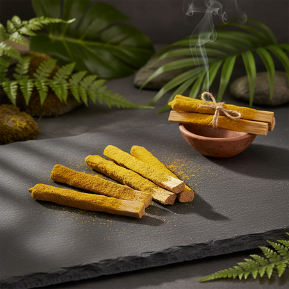 Create a photorealistic, studio-grade image of the Cinnamon Palo Santo Dip Sticks set situated in a serene, natural outdoor setting during the golden hour. Use diffused daylight with professional softbox lighting to highlight each dip stick's intricate, te