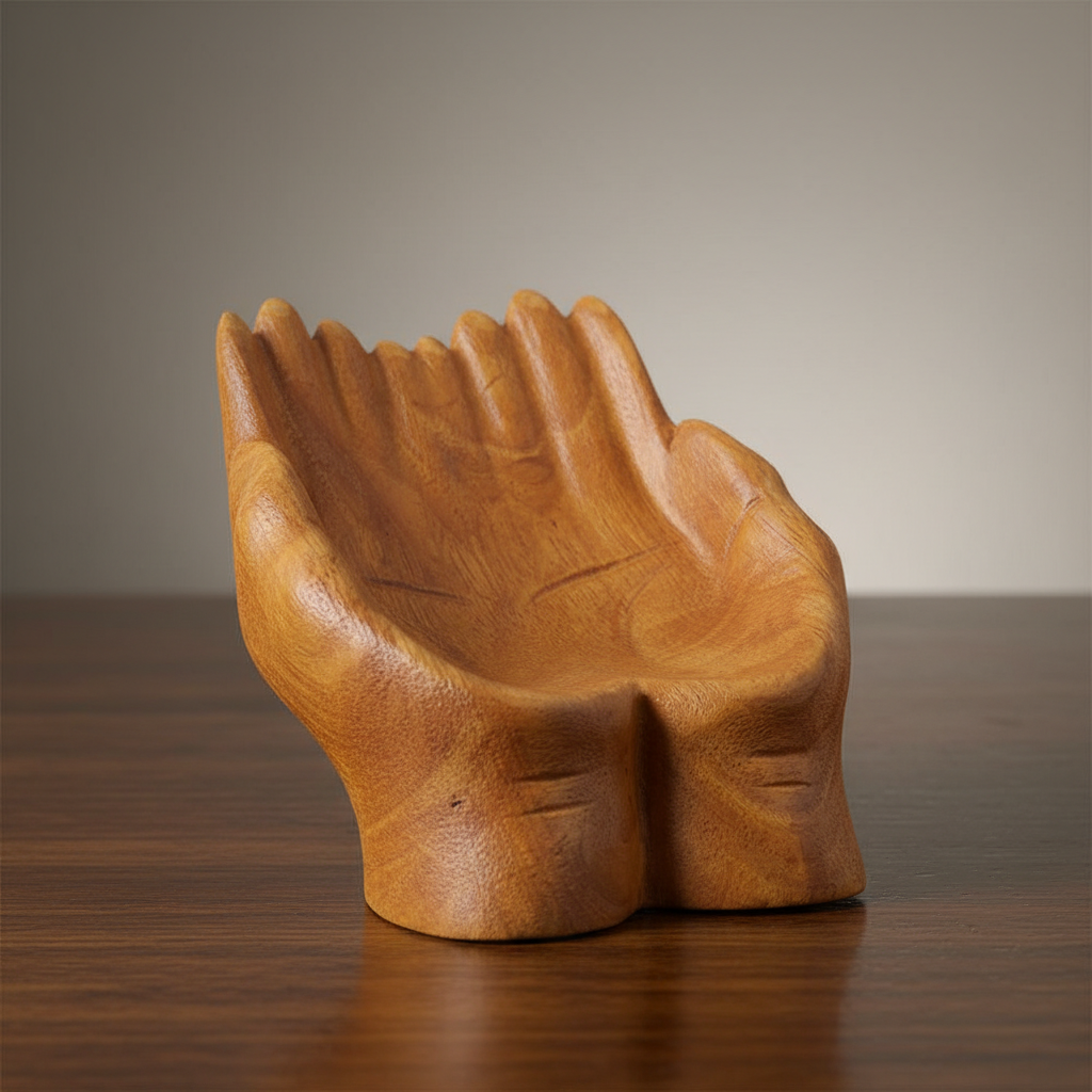 A highly detailed, photorealistic studio scene featuring a 7-inch wooden hand offering bowl positioned prominently on a polished dark wood surface. The scene employs softbox lighting with gentle diffused daylight that emphasizes the intricately carved deta