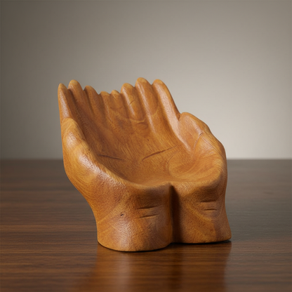 A highly detailed, photorealistic studio scene featuring a 7-inch wooden hand offering bowl positioned prominently on a polished dark wood surface. The scene employs softbox lighting with gentle diffused daylight that emphasizes the intricately carved deta