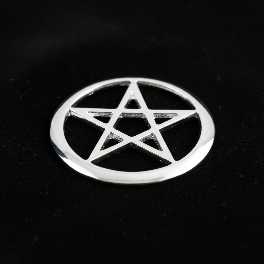 Capture a close-up shot of the Pentagram Altar Tile in a mystical studio setting illuminated by soft HDR studio lighting that emphasizes its intricate engraved details, shot from a slightly elevated angle with a 50mm lens and a shallow depth of field to bl