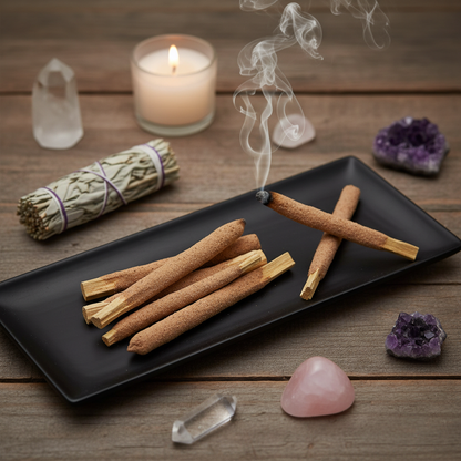 Create a captivating lifestyle scene featuring the Frankincense and Myrrh Palo Santo Dip Sticks set on an elegant, matte black tray atop a rustic wooden table in a tranquil, softly lit meditation space. Utilize HDR studio lighting to produce a balanced, wa