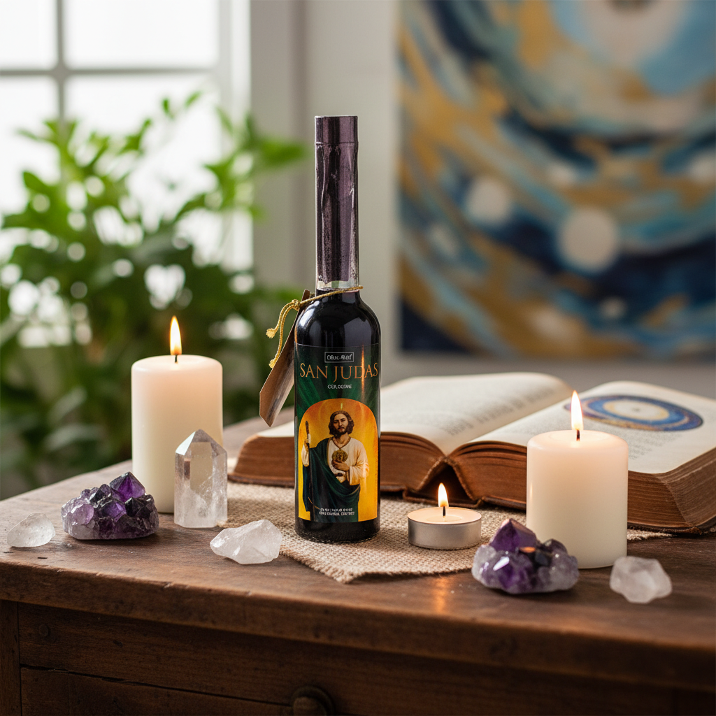 Construct a vivid, lifestyle scene of the St. Jude Esoteric Cologne placed elegantly on a vintage wooden altar or sacred space. Use HDR studio lighting to simulate natural daylight that gently enhances the warm, earthy tones of the setting. The camera is p