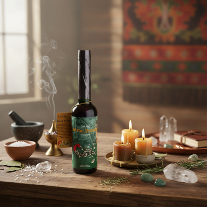 Design a vivid lifestyle scene set in a sophisticated, spiritual ritual space bathed in diffused daylight. Position the Attract Money Ohli Cologne prominently on a ritual altar or side table decorated with crystals, herbs, and candles. Use HDR studio light
