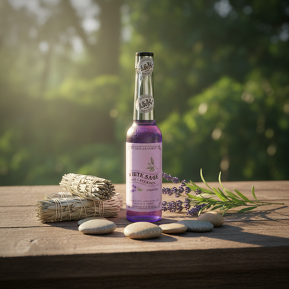Showcase the White Sage and Lavender Cologne in a serene, naturalistic environment with warm, diffused daylight pouring from the side. Position the bottle on a rustic wooden altar surrounded by natural elements—dried white sage bundles, fresh lavender spri