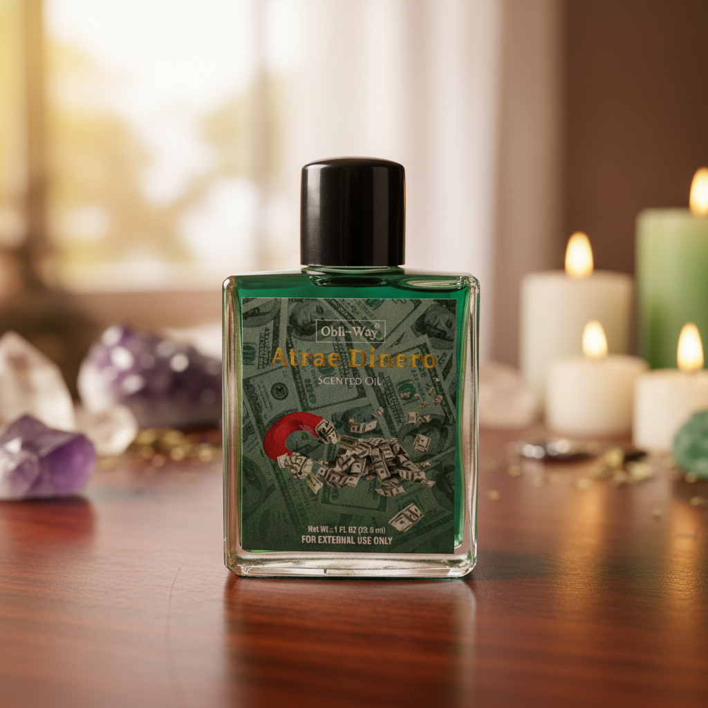 Capture a close-up of the Atrae Dinero Fragrance Oil 1oz elegantly displayed on a polished dark wooden surface, illuminated by softbox lighting that emphasizes the smooth glass bottle and intricate labeling. The scene is set against a subtle, blurred backg
