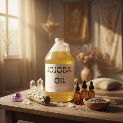A sophisticated lifestyle scene presenting the Jojoba Carrier Oil in a warm, ambient environment designed to evoke peace and spiritual harmony. The product is displayed on a rustic wooden table, surrounded by elements like crystals, sage, and essential oil