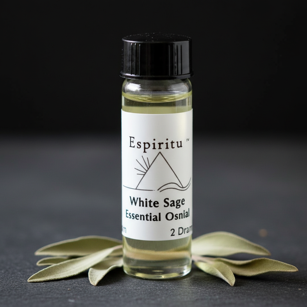 Capture a professional studio shot of a 2 Dram White Sage Essential Oil bottle, set against a dark, textured background that highlights the clarity and purity of the glass. Use softbox lighting to create gentle, diffused illumination that emphasizes the sm
