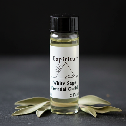 Capture a professional studio shot of a 2 Dram White Sage Essential Oil bottle, set against a dark, textured background that highlights the clarity and purity of the glass. Use softbox lighting to create gentle, diffused illumination that emphasizes the sm