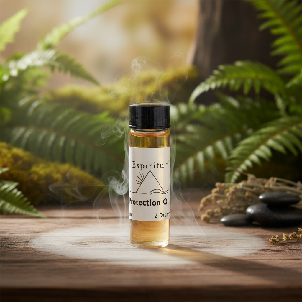 Set the Espiritu Protection Oil, 2 Drams, in a serene, natural environment for a lifestyle shot. Use diffused daylight to illuminate the scene softly, creating a calming and harmonious mood. Position the bottle on a rustic wooden surface, with a background