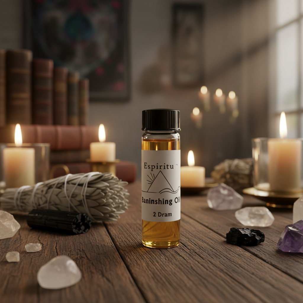 Generate a cinematic lifestyle scene featuring the Espiritu Banishing Oil, 2 Dram, on a rustic wooden altar adorned with white sage, crystals, and candles in a softly lit room that suggests a spiritual ritual space. Use HDR studio lighting to create a bala