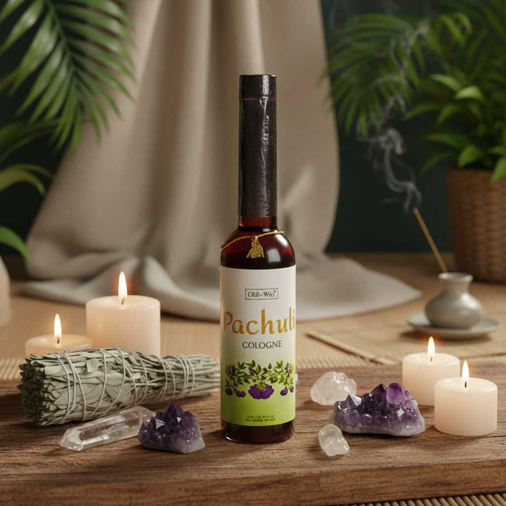 Design an atmospheric lifestyle scene featuring the Patchouli Cologne in a serene, Zen-inspired setting. Position the cologne bottle on a rustic wooden altar surrounded by crystals, sage, and candles, illuminated by HDR studio lighting that emphasizes warm
