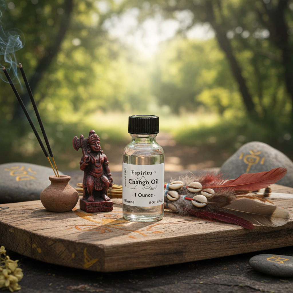 Design a compelling outdoor lifestyle scene featuring the Orisha Chango Oil as a key spiritual tool. The product is displayed on a rustic wooden altar, bathed in natural diffused daylight to create a warm, inviting atmosphere. Include elements such as ince