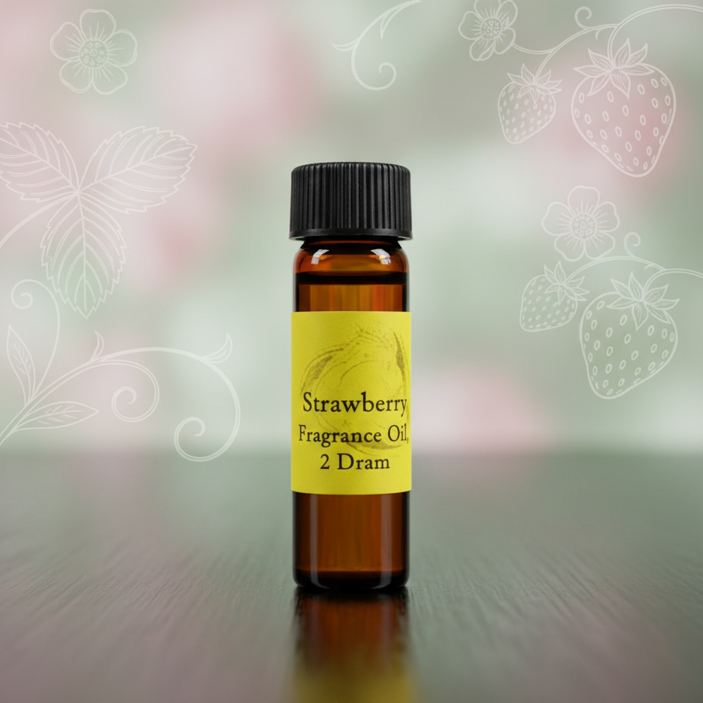 Create a highly detailed, cinematic studio shot of a small glass bottle labeled 'Strawberry Fragrance Oil, 2 Dram', positioned centrally on a sleek, reflective black surface. Use softbox lighting from the front to highlight the warm amber hue of the oil an